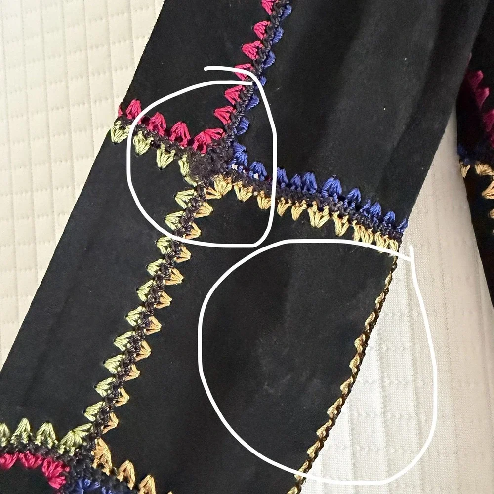 Patchwork Suede Leather Jacket Black Medium Colorful Vtg Boho Crochet Funky 90s